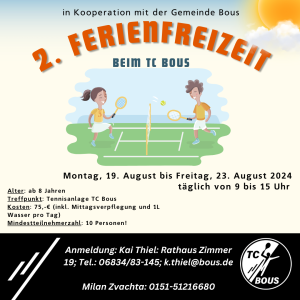 2. Ferienfreizeit beim TC Bous in Kooperation mit der Gemeinde Bous